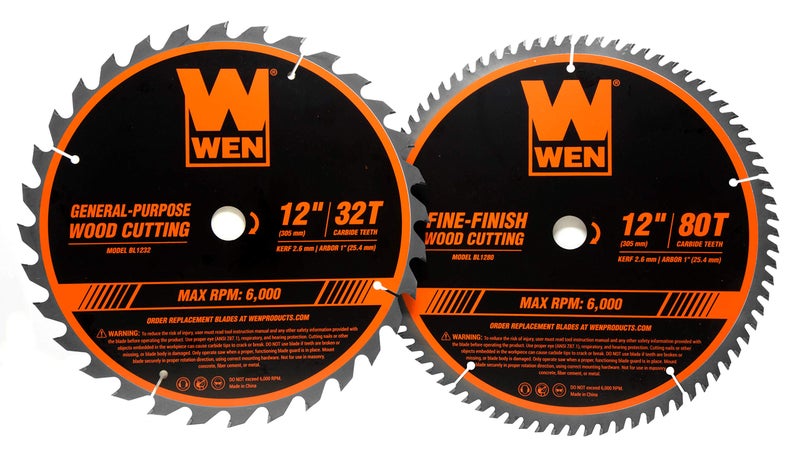 WEN BL1232-2 12-Inch 32-Tooth and 80-Tooth Carbide-Tipped Professional Woodworking Saw Blade Set, Two Pack - Image 1